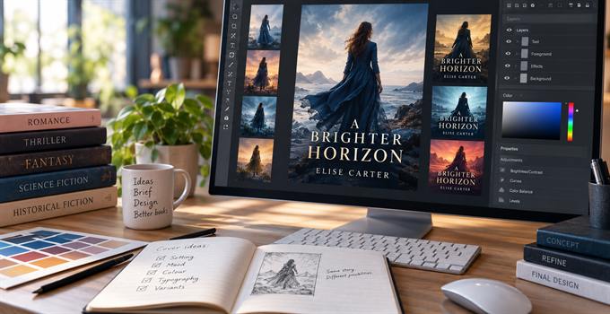 A book cover explored as several variants on a designer's screen, beside a notebook of cover ideas