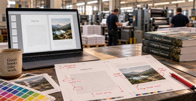 A book layout on screen beside a marked-up printed proof on a print factory floor
