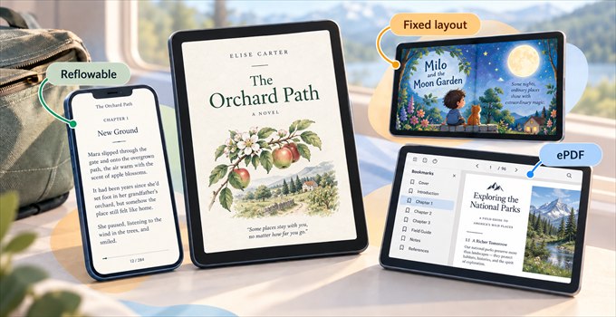 A novel shown as a printed paperback beside the same book on a Kindle, a phone and a tablet
