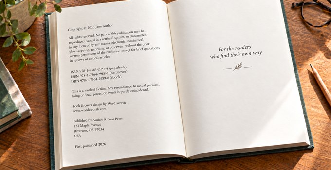 An open hardback book on a desk showing a copyright page, with the copyright notice, rights statement, ISBNs and publisher details