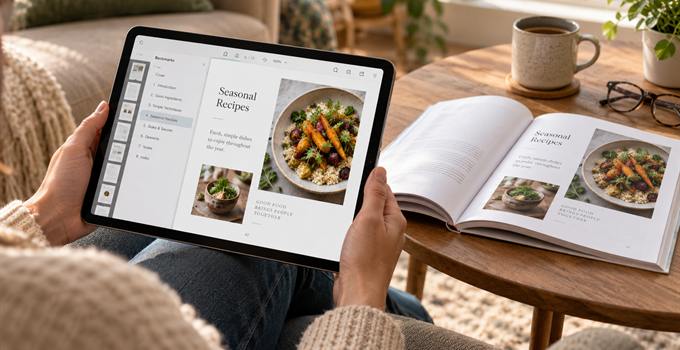 An ePDF of a recipe book open on a tablet beside the same page in the printed book