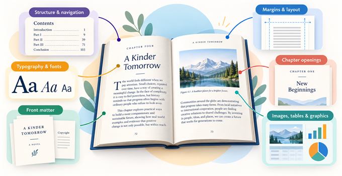An open book surrounded by the elements of formatting, from typography to margins to images