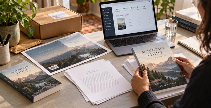 A self-publishing author at her desk with the finished book, a proof and a publishing dashboard