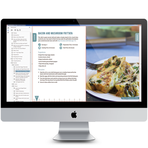 ePDF of recipe pages with bookmarks on a large monitor.